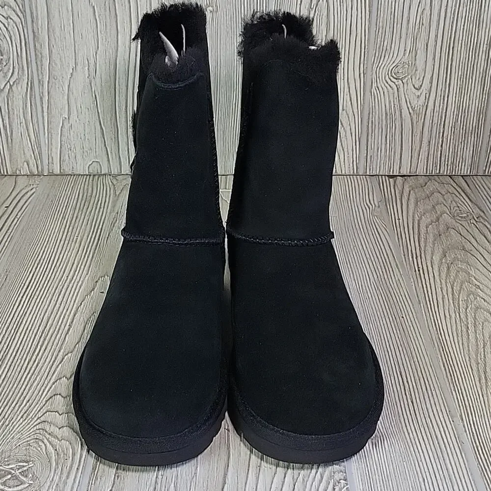 UGG Constantine Satin Ribbon Black Leather Boots Womens Size 6 NEW